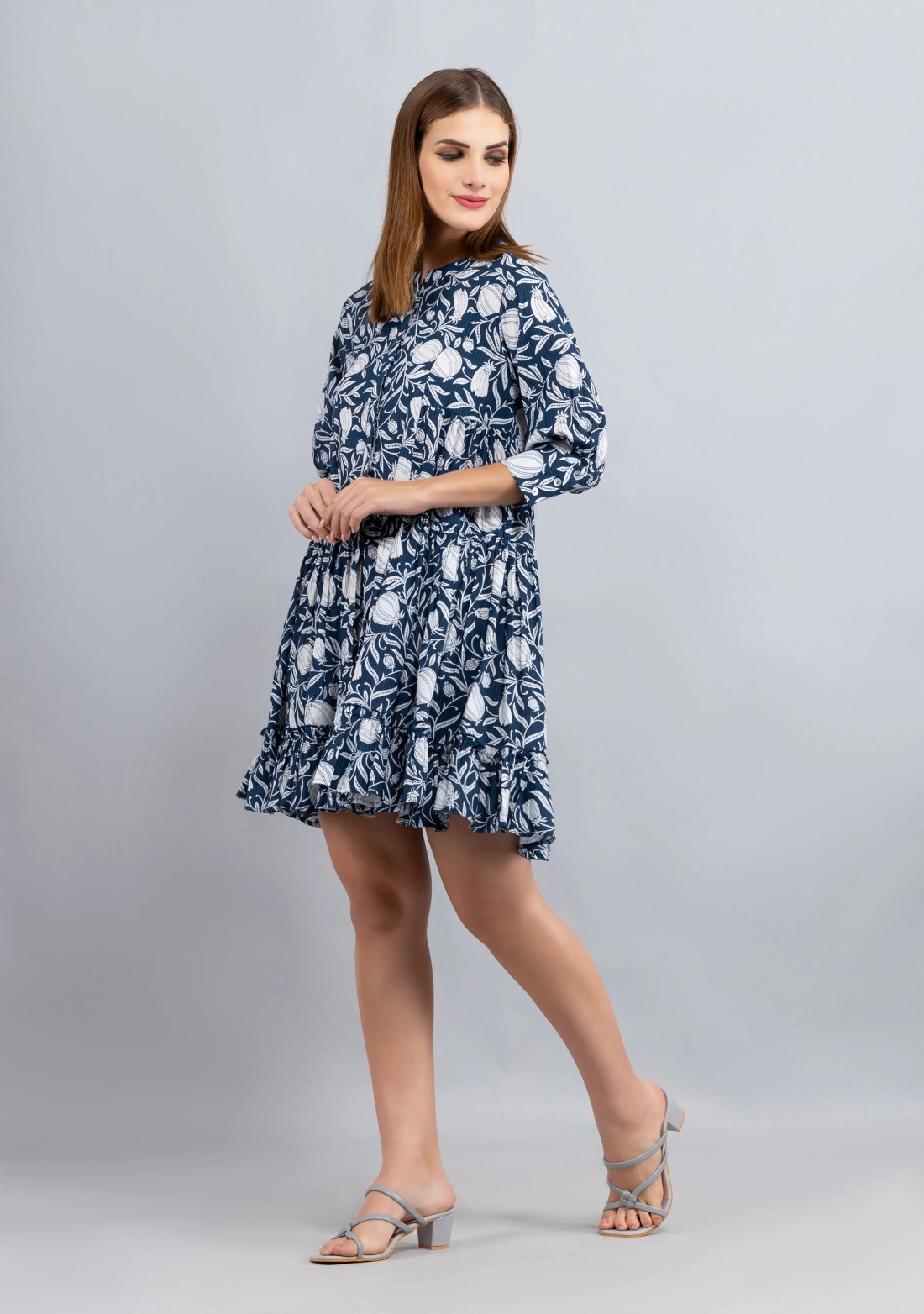 Blue Allover Printed Pure Cotton Gathered Dress