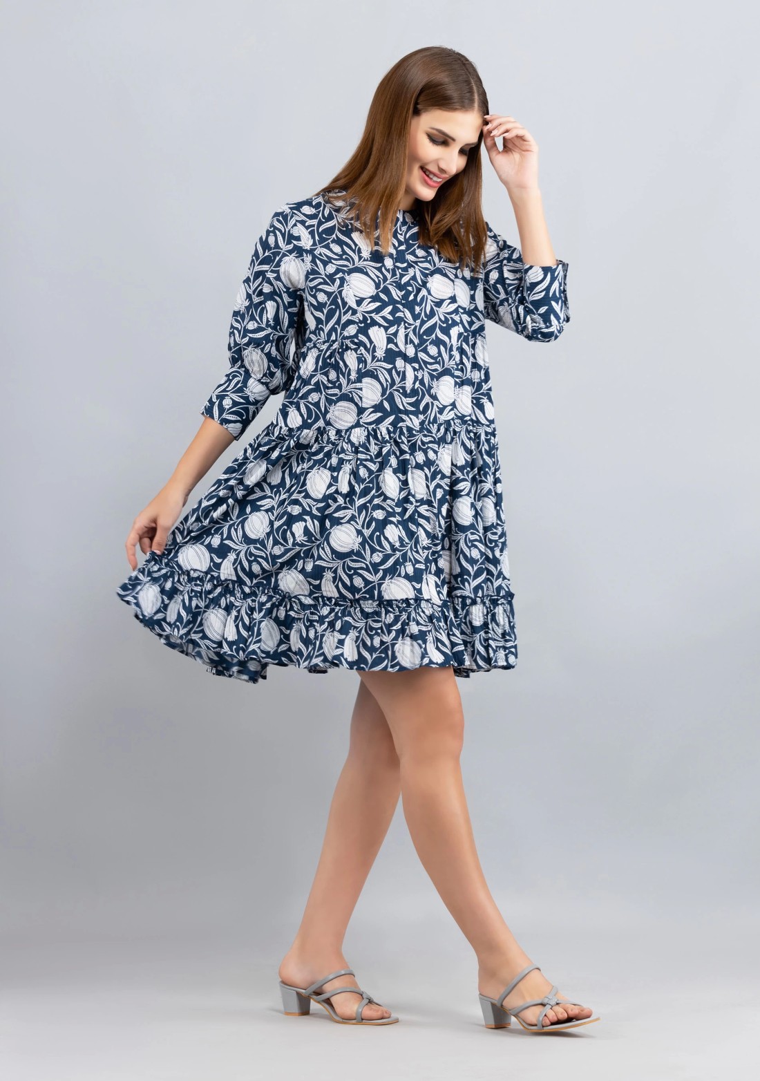 Blue Allover Printed Pure Cotton Gathered Dress