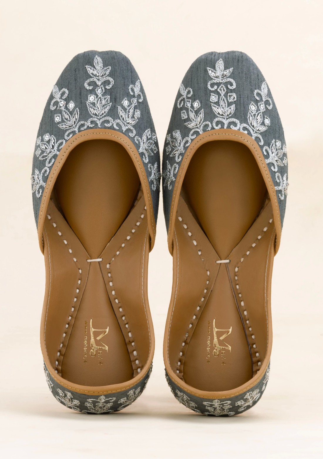 Dark Grey Hand Embroidered Pure Leather Jutti