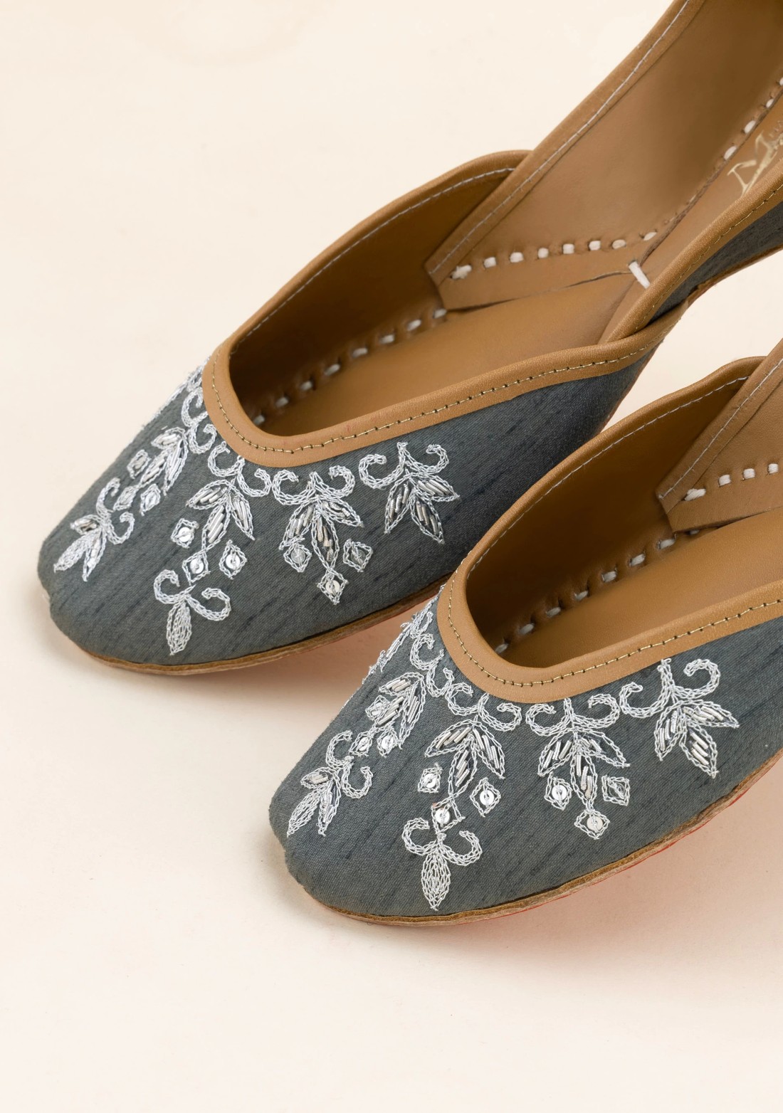 Dark Grey Hand Embroidered Pure Leather Jutti