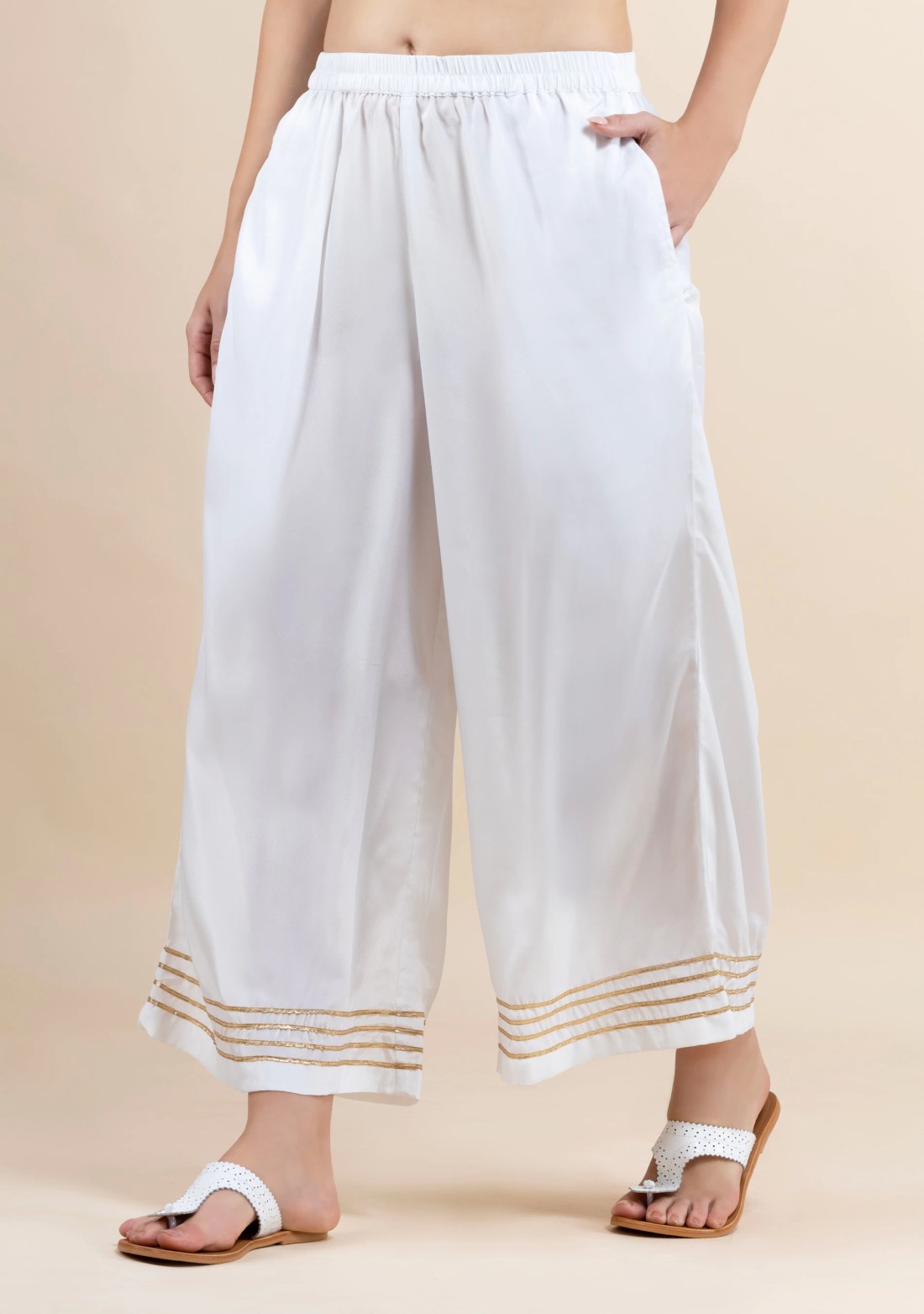 White Golden Gota Lace Flared Pants