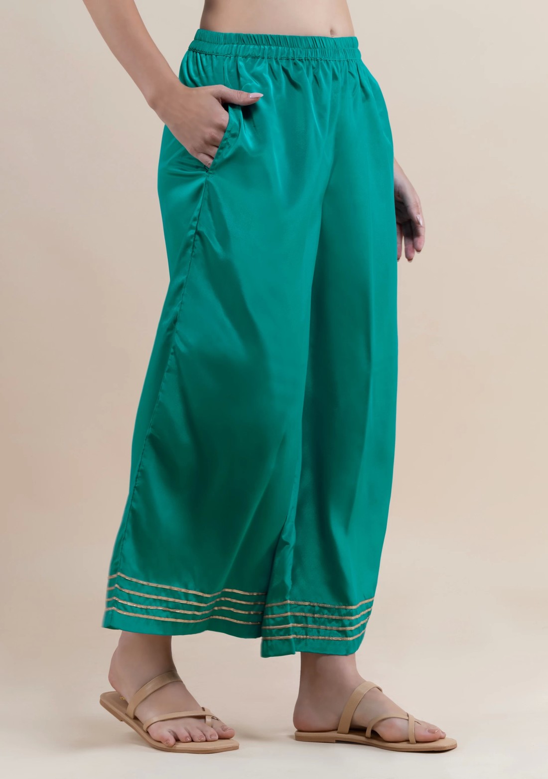 Sea Green Golden Gota Lace Flared Pants