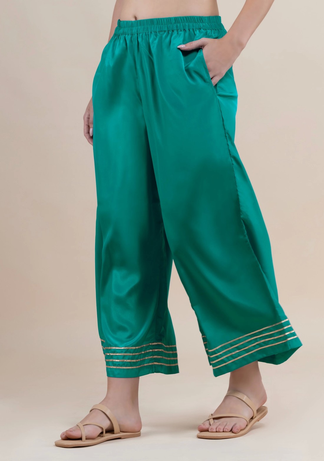 Sea Green Golden Gota Lace Flared Pants