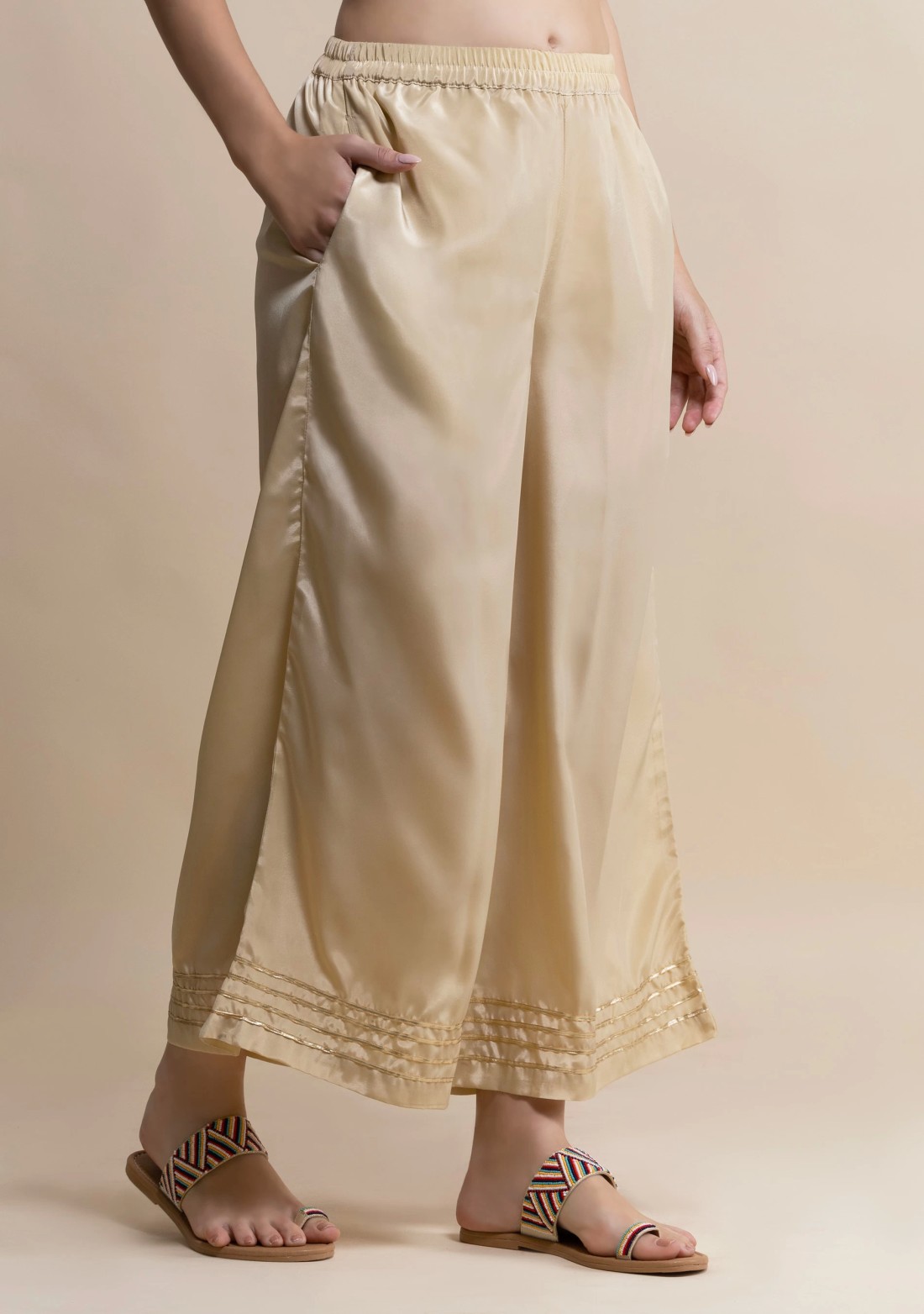 Beige Golden Gota Lace Flared Pants