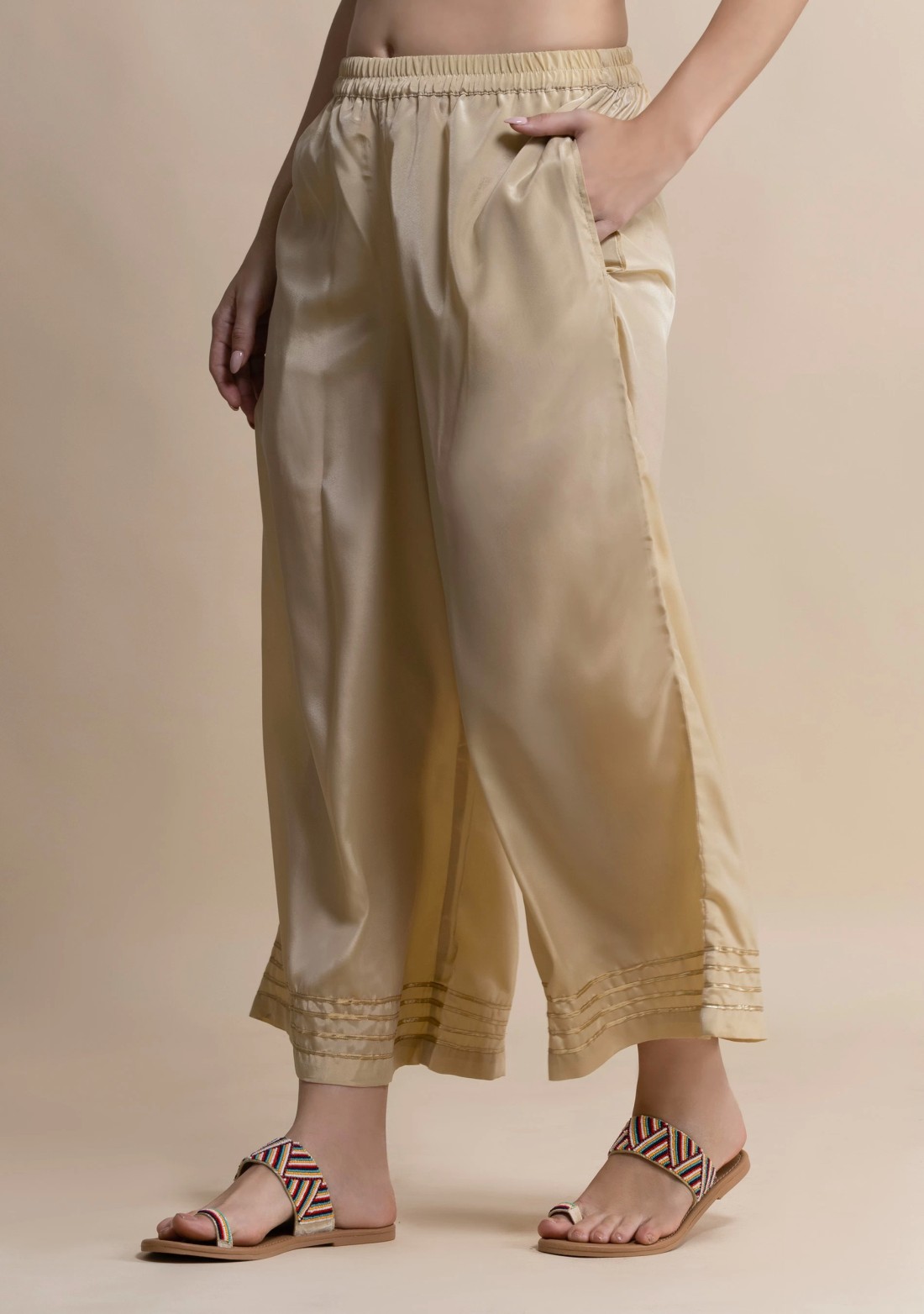 Beige Golden Gota Lace Flared Pants