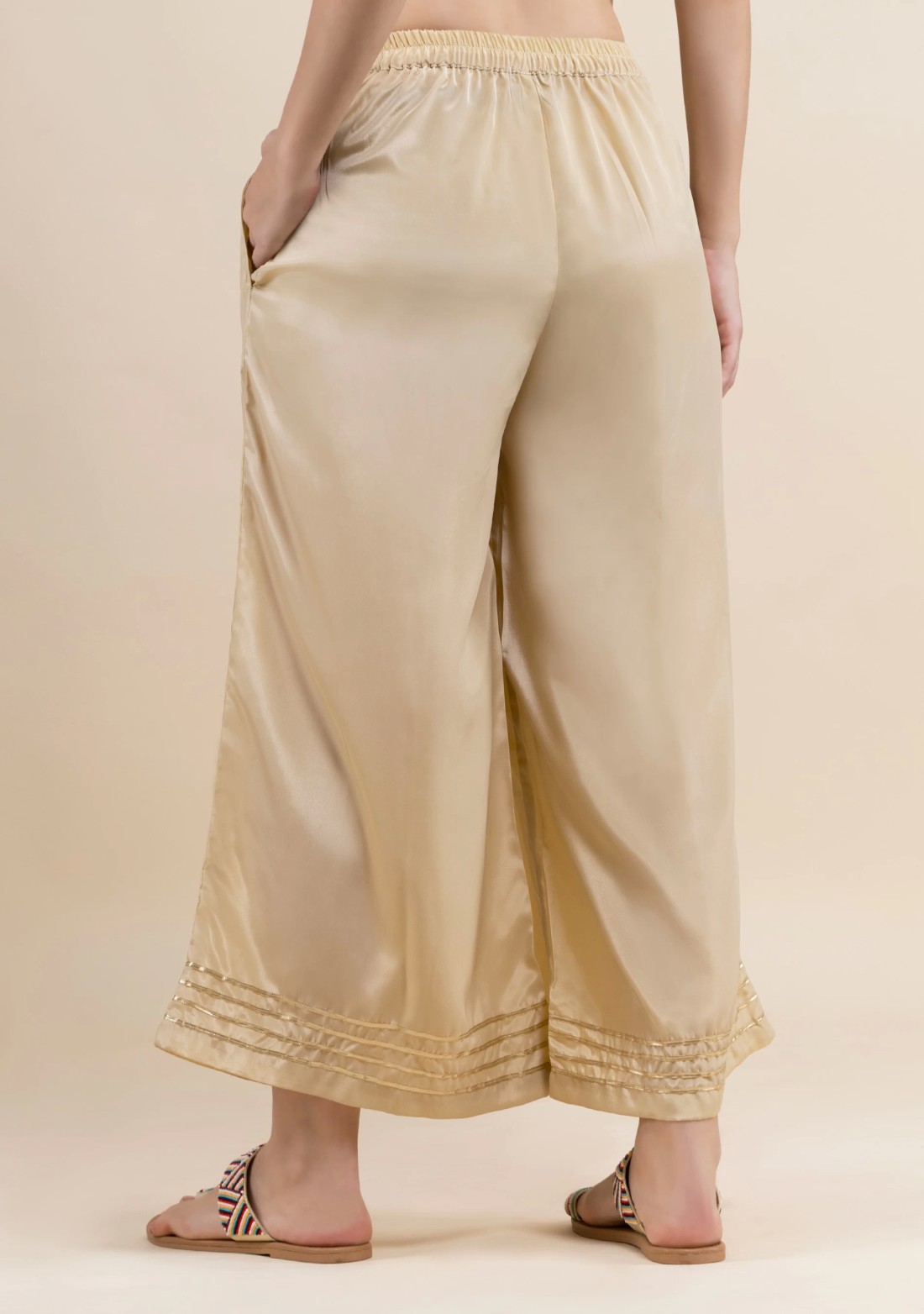 Beige Golden Gota Lace Flared Pants