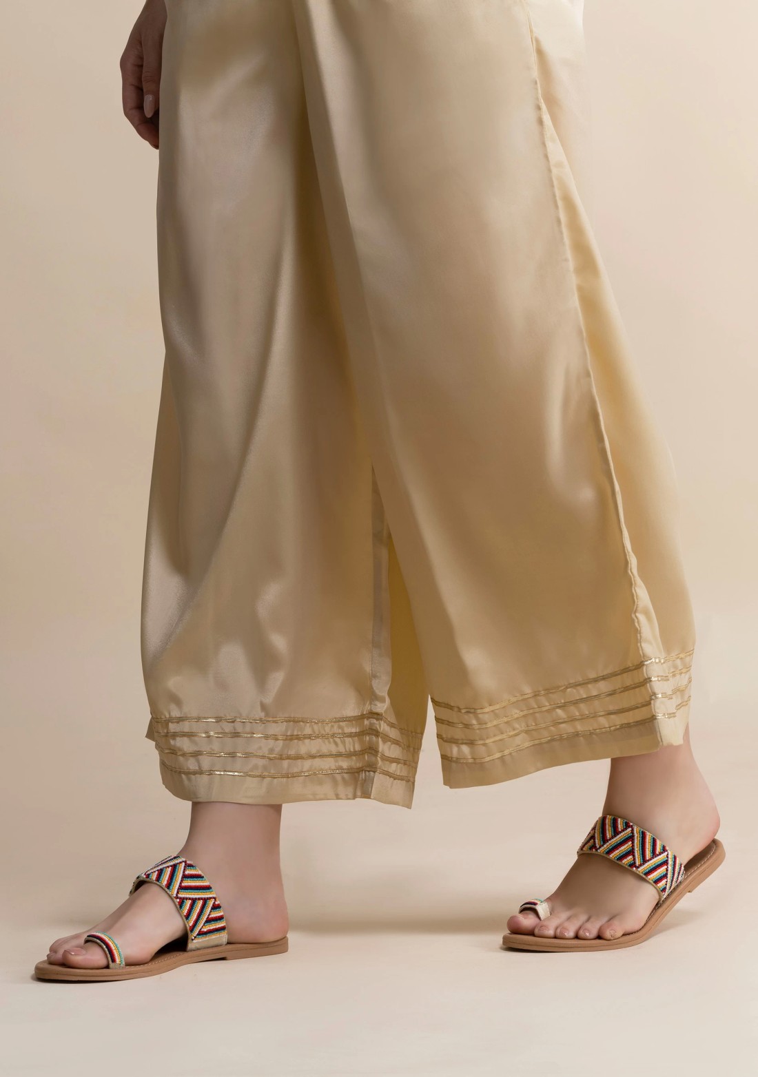 Beige Golden Gota Lace Flared Pants