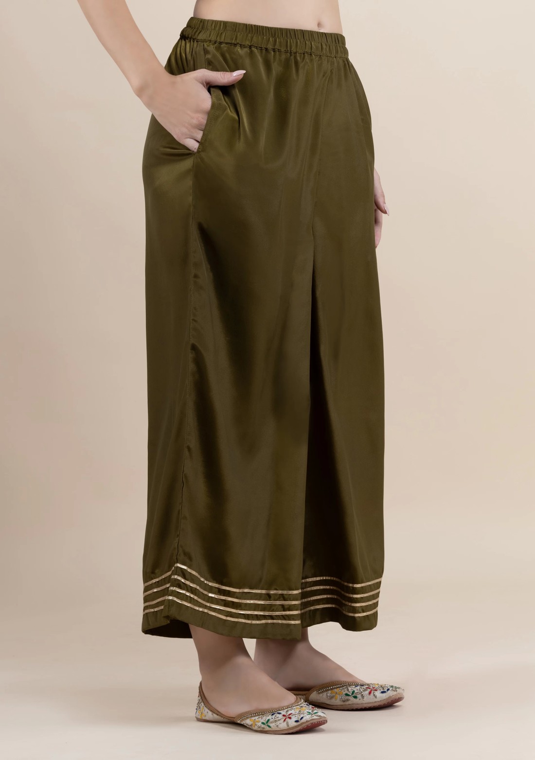 Olive Golden Gota Lace Flared Pants