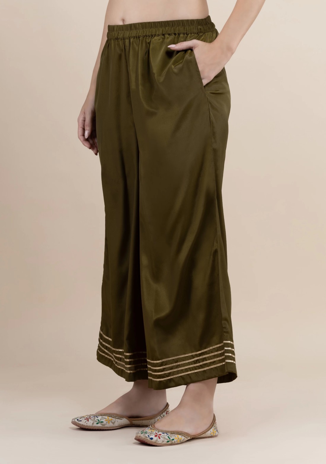 Olive Golden Gota Lace Flared Pants