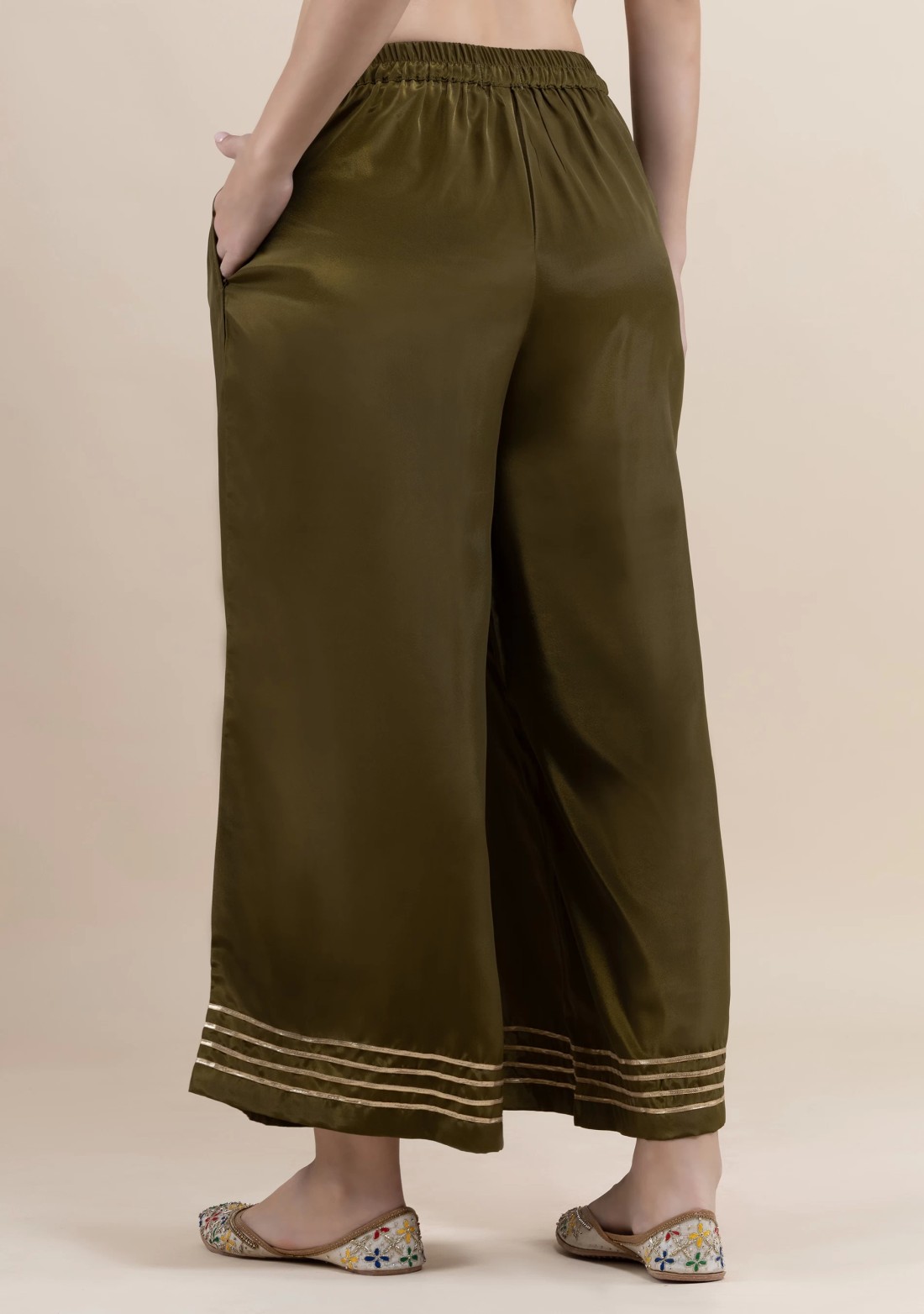 Olive Golden Gota Lace Flared Pants