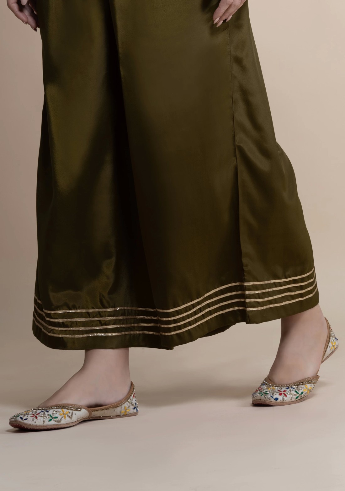 Olive Golden Gota Lace Flared Pants