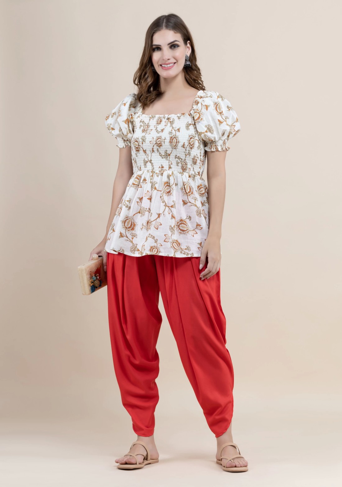 Coral Rayon Pleated Dhoti Pants