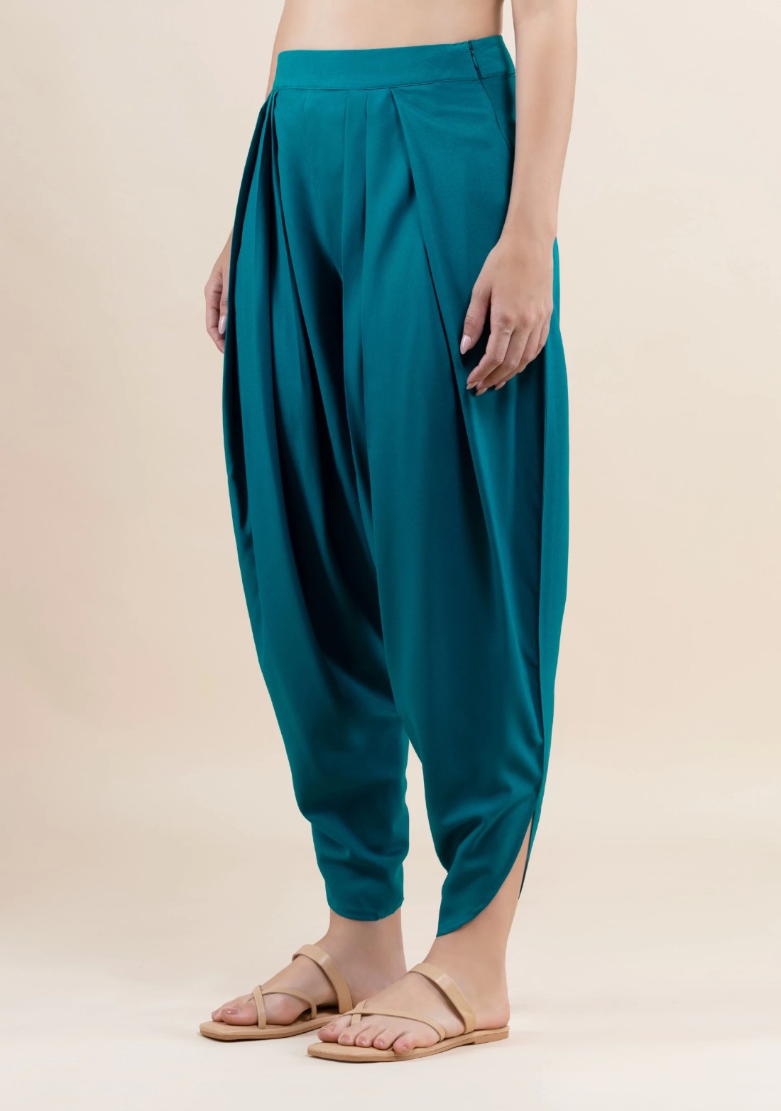 Turquoise Rayon Pleated Dhoti Pants