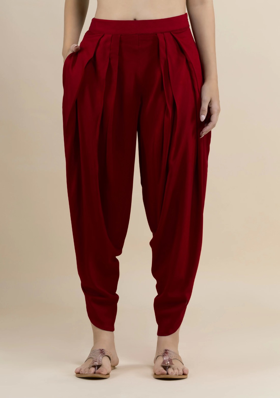 Maroon Rayon Pleated Dhoti Pants