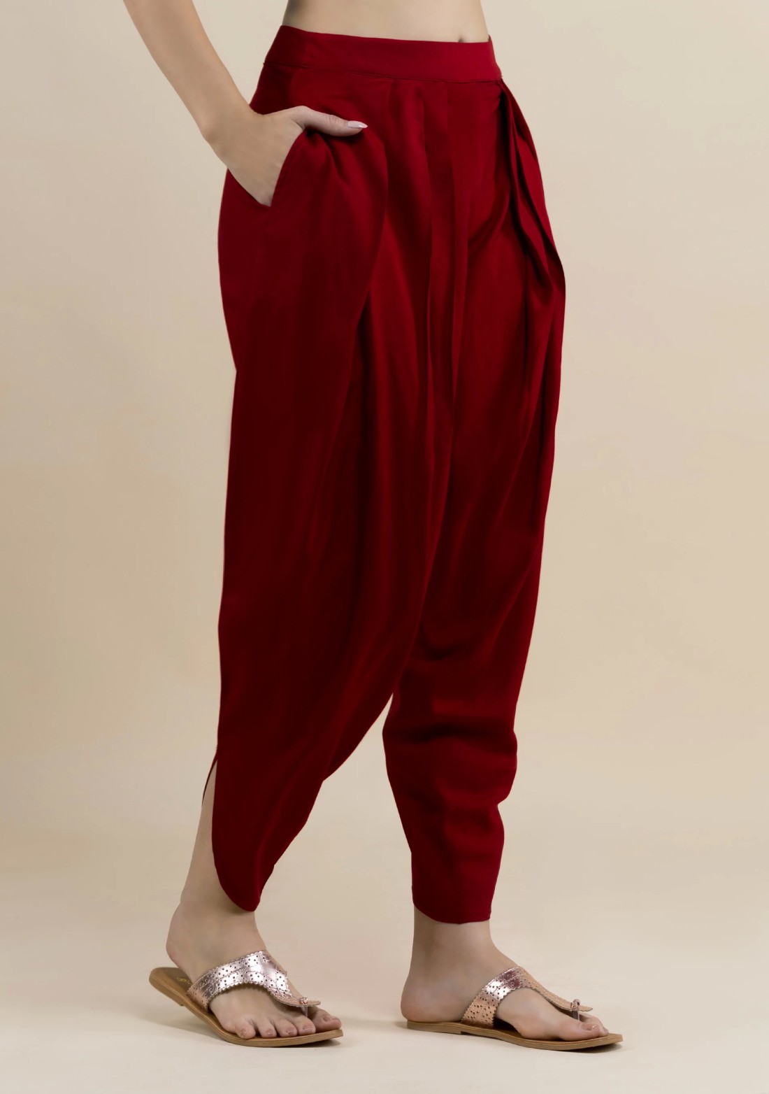 Maroon Rayon Pleated Dhoti Pants