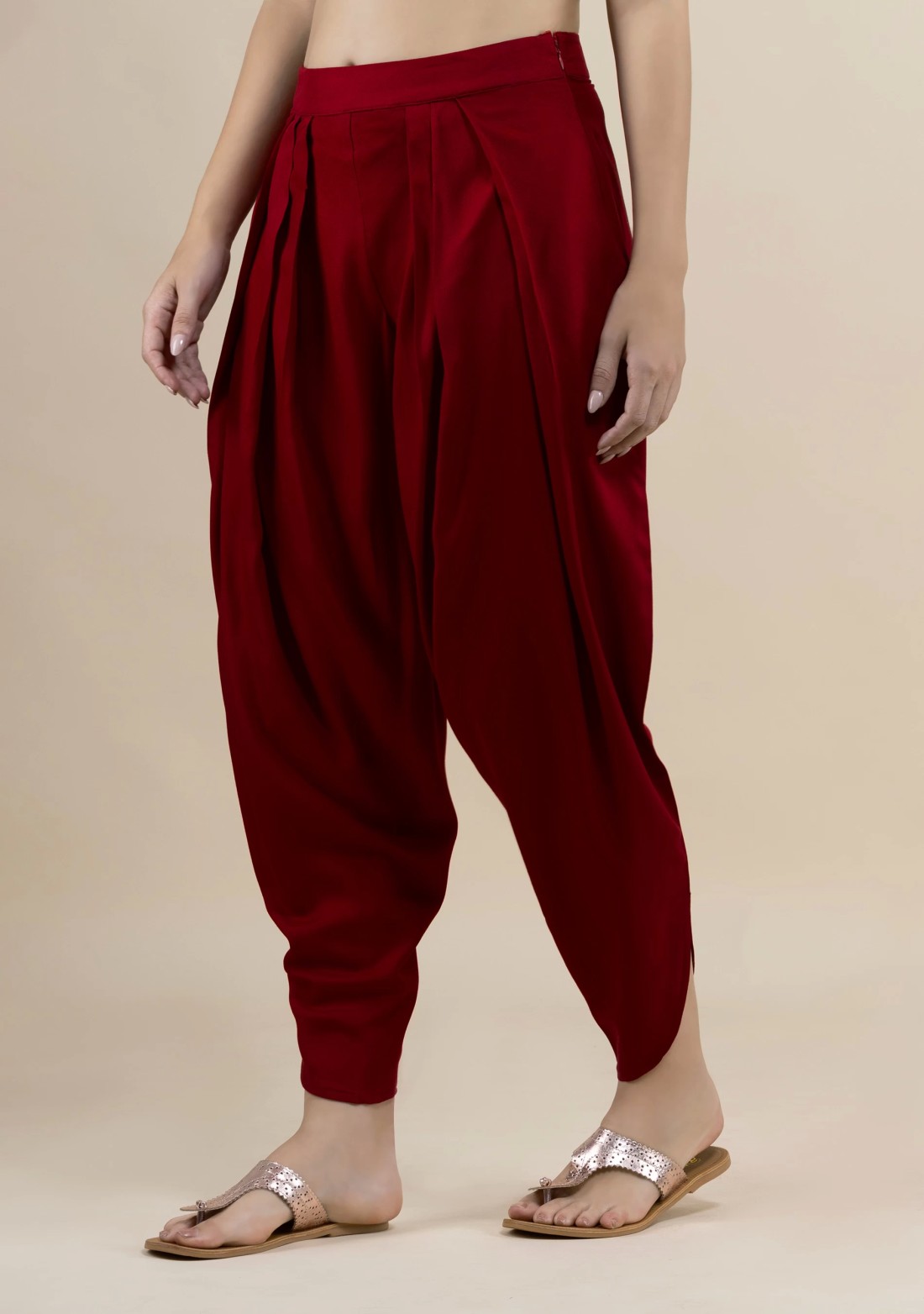 Maroon Rayon Pleated Dhoti Pants