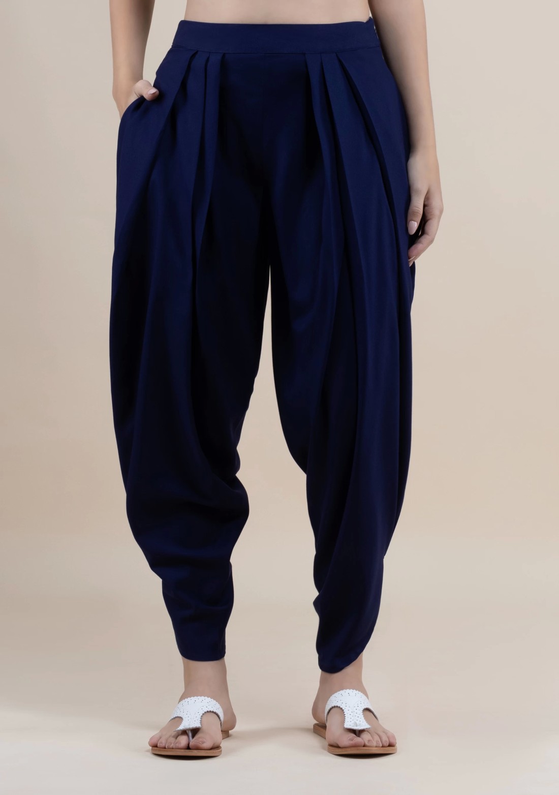 Navy Rayon Pleated Dhoti Pants