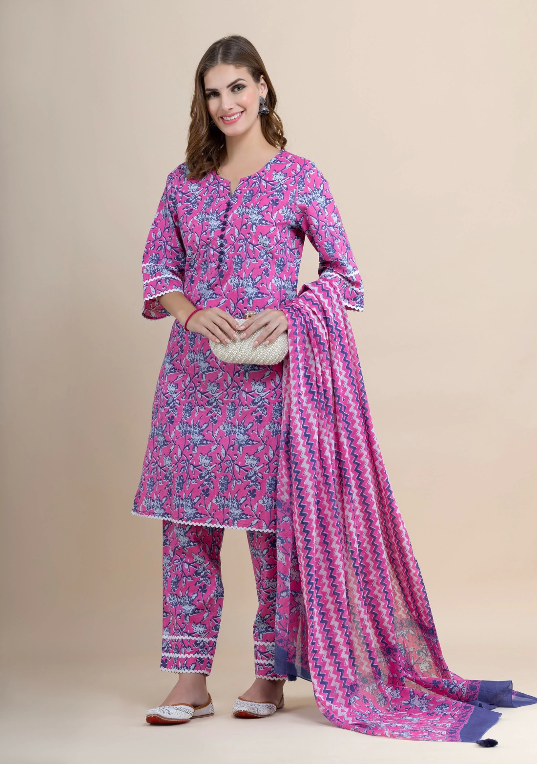 Magenta Pink Pure Cotton Floral Printed Kurta Pant Co-Ord Set With Dupatta