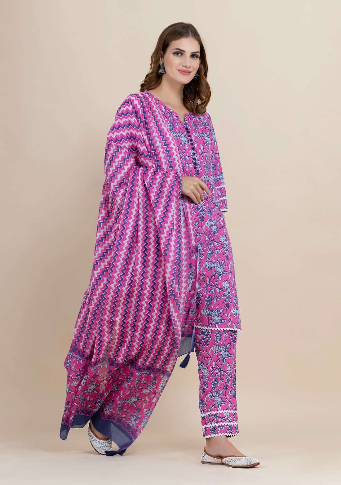 Magenta Pink Pure Cotton Floral Printed Kurta Pant Co-Ord Set With Dupatta