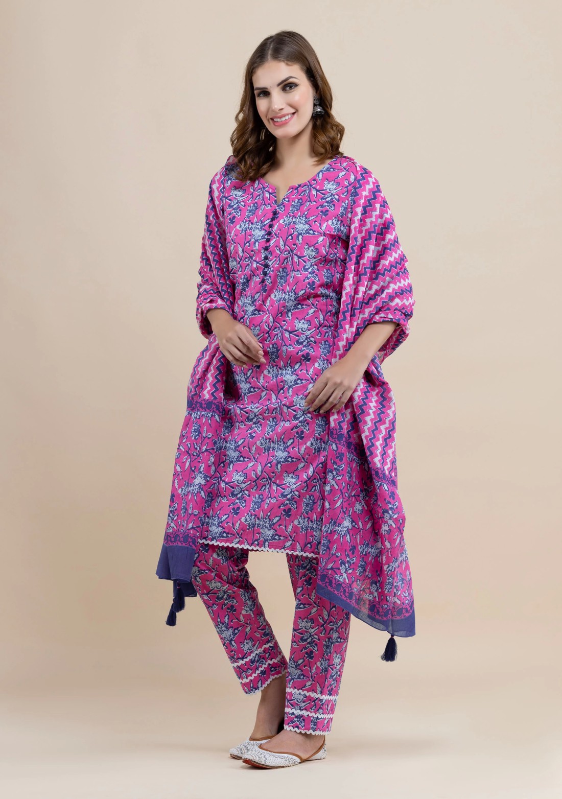 Magenta Pink Pure Cotton Floral Printed Kurta Pant Co-Ord Set With Dupatta