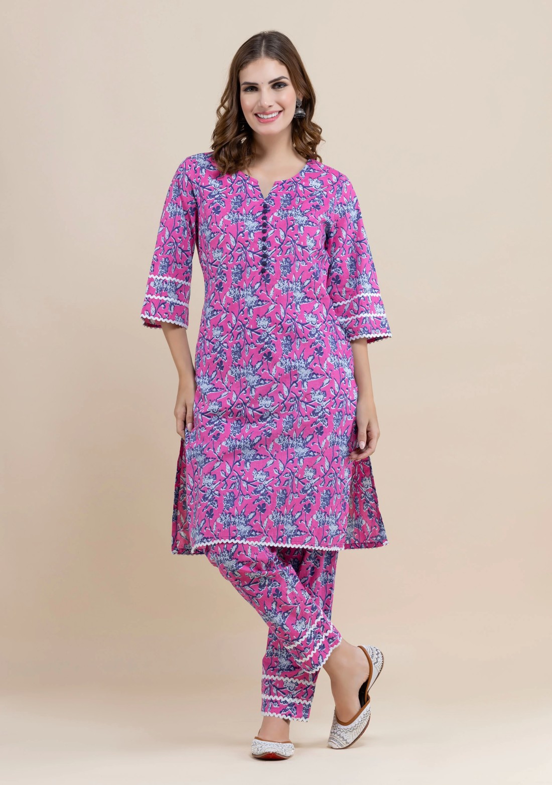 Magenta Pink Pure Cotton Floral Printed Kurta Pant Co-Ord Set With Dupatta