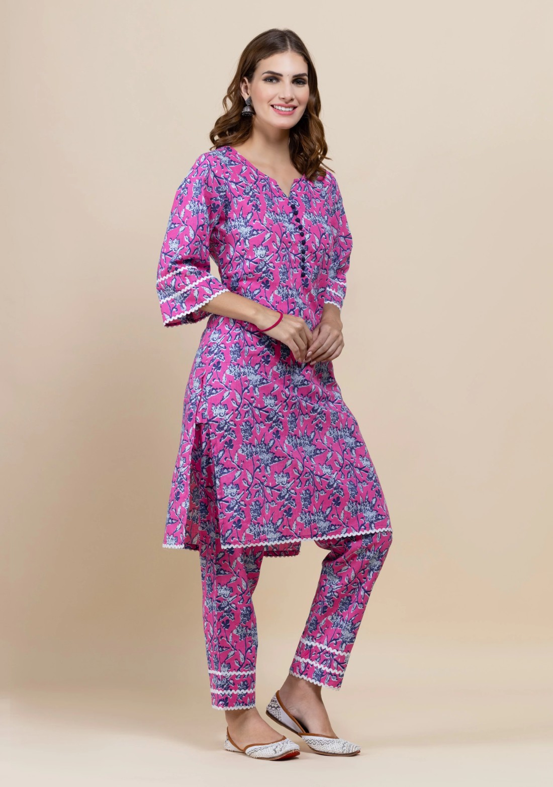 Magenta Pink Pure Cotton Floral Printed Kurta Pant Co-Ord Set With Dupatta