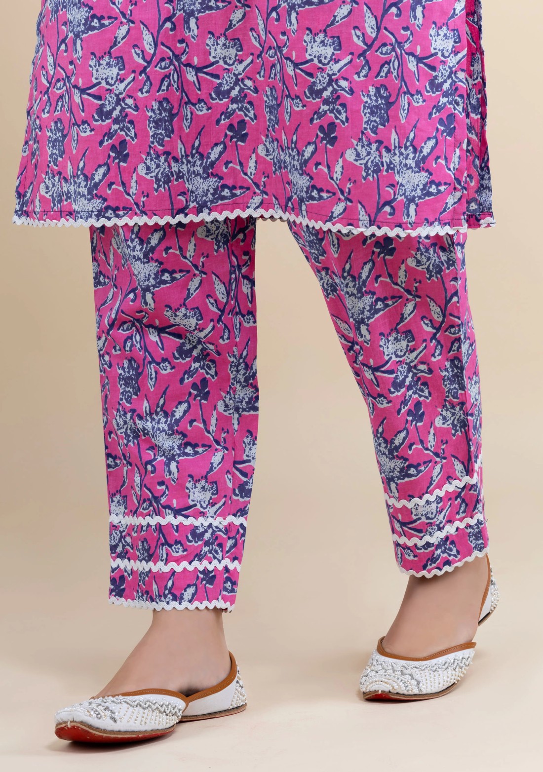 Magenta Pink Pure Cotton Floral Printed Kurta Pant Co-Ord Set With Dupatta