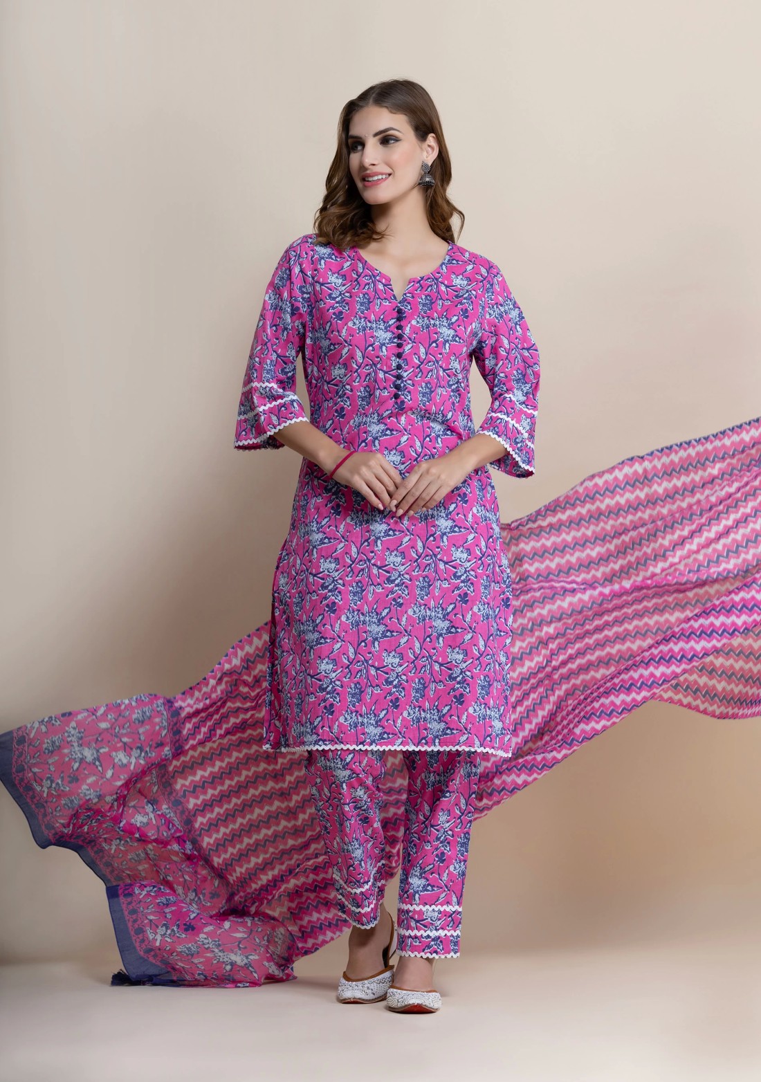 Magenta Pink Pure Cotton Floral Printed Kurta Pant Co-Ord Set With Dupatta