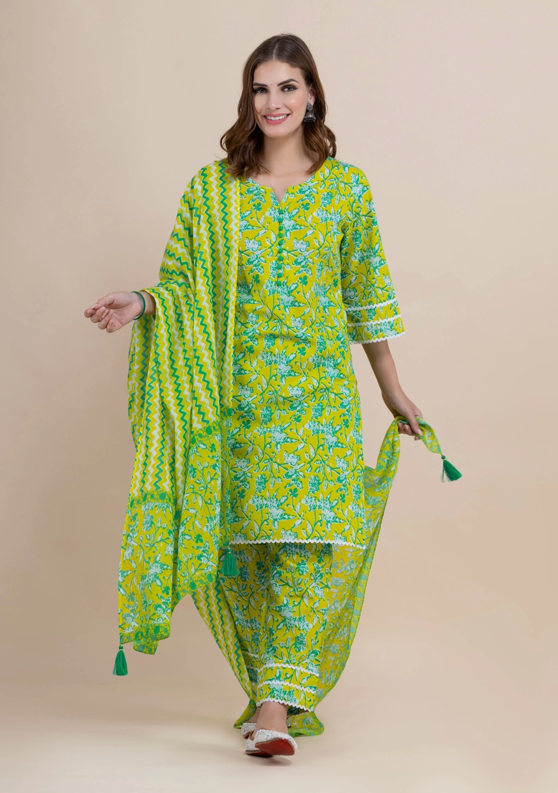 Lime Green Pure Cotton Floral Printed Kurta Pant Co-Ord Set with Dupatta