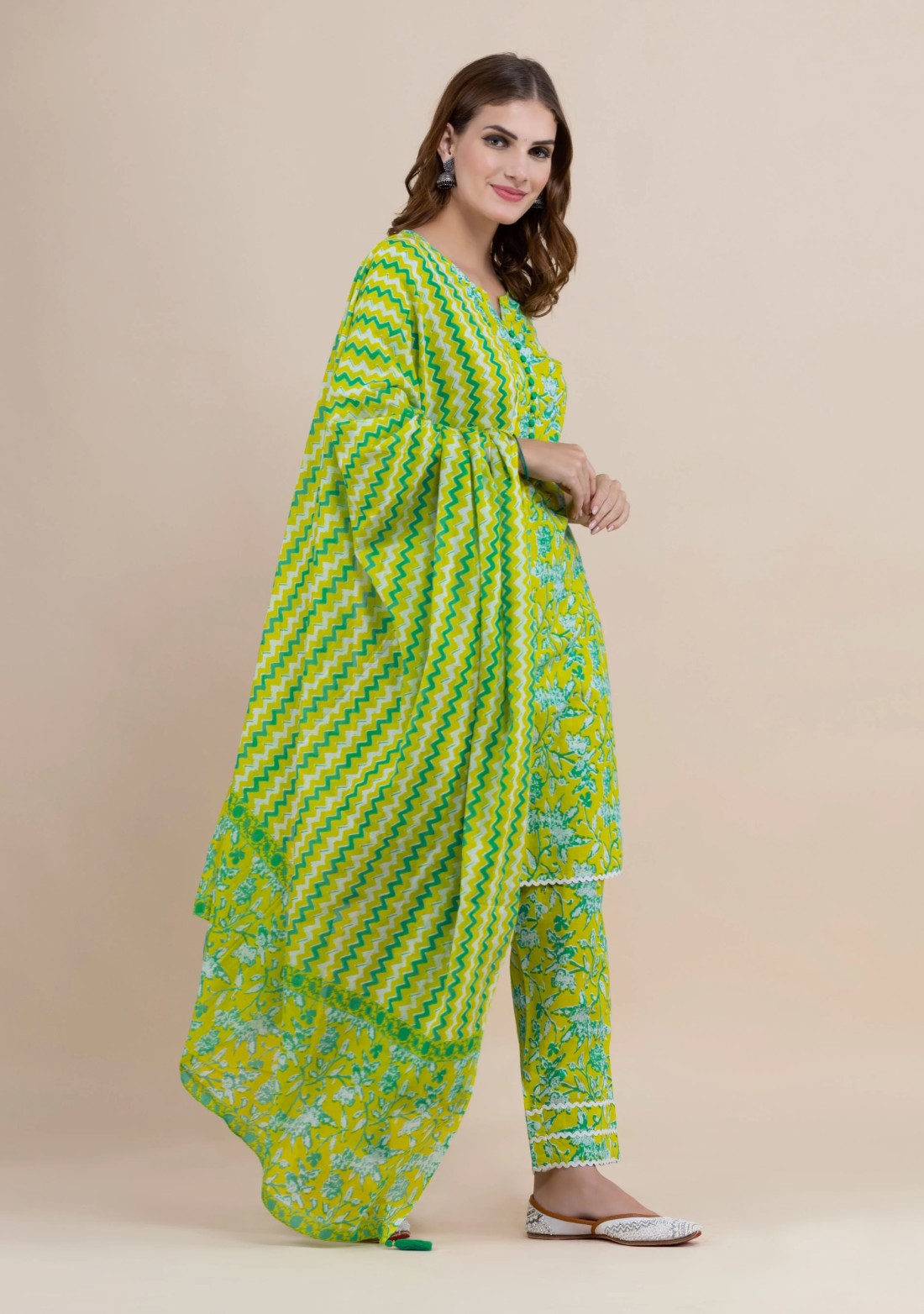 Lime Green Pure Cotton Floral Printed Kurta Pant Co-Ord Set with Dupatta