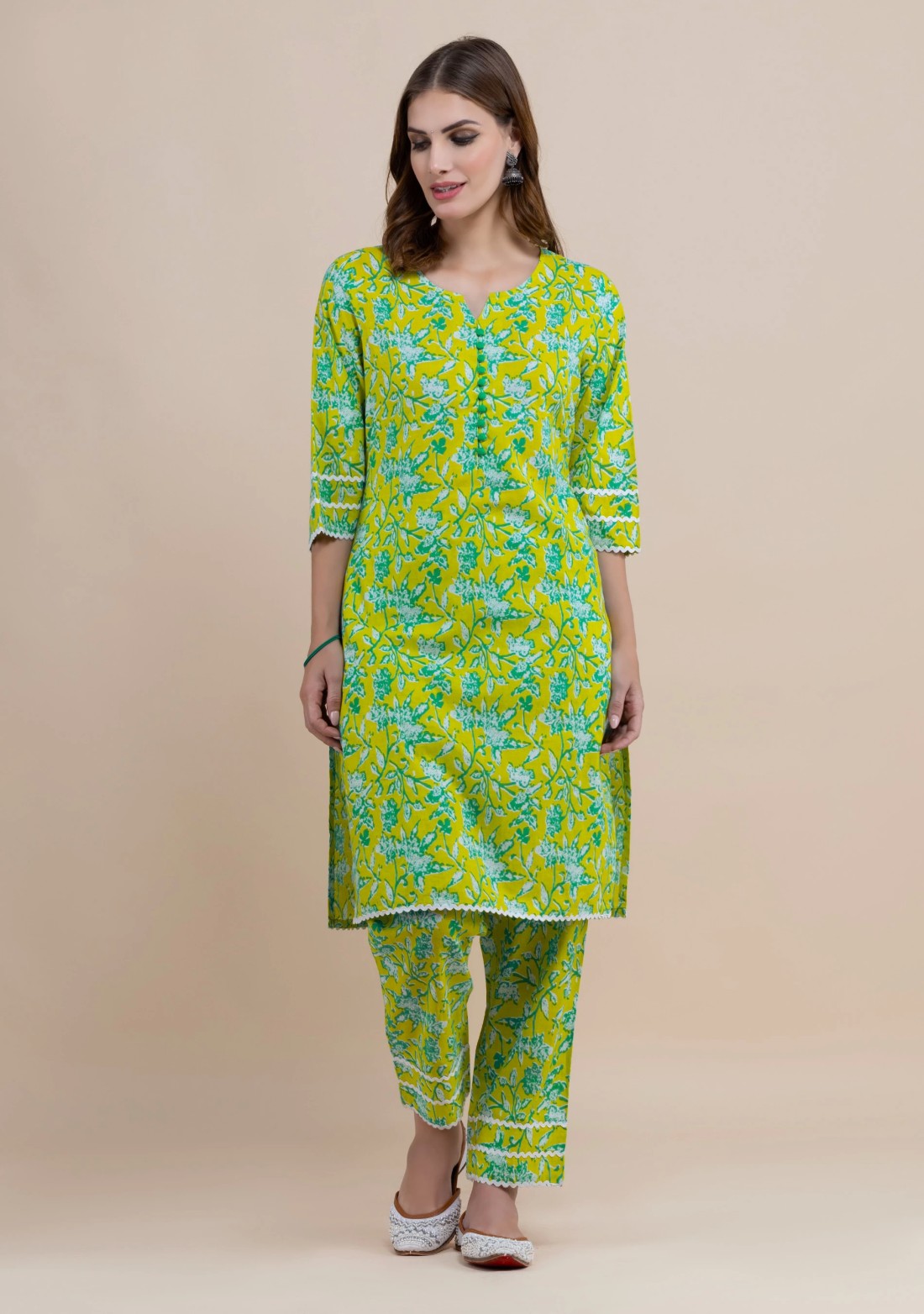 Lime Green Pure Cotton Floral Printed Kurta Pant Co-Ord Set with Dupatta