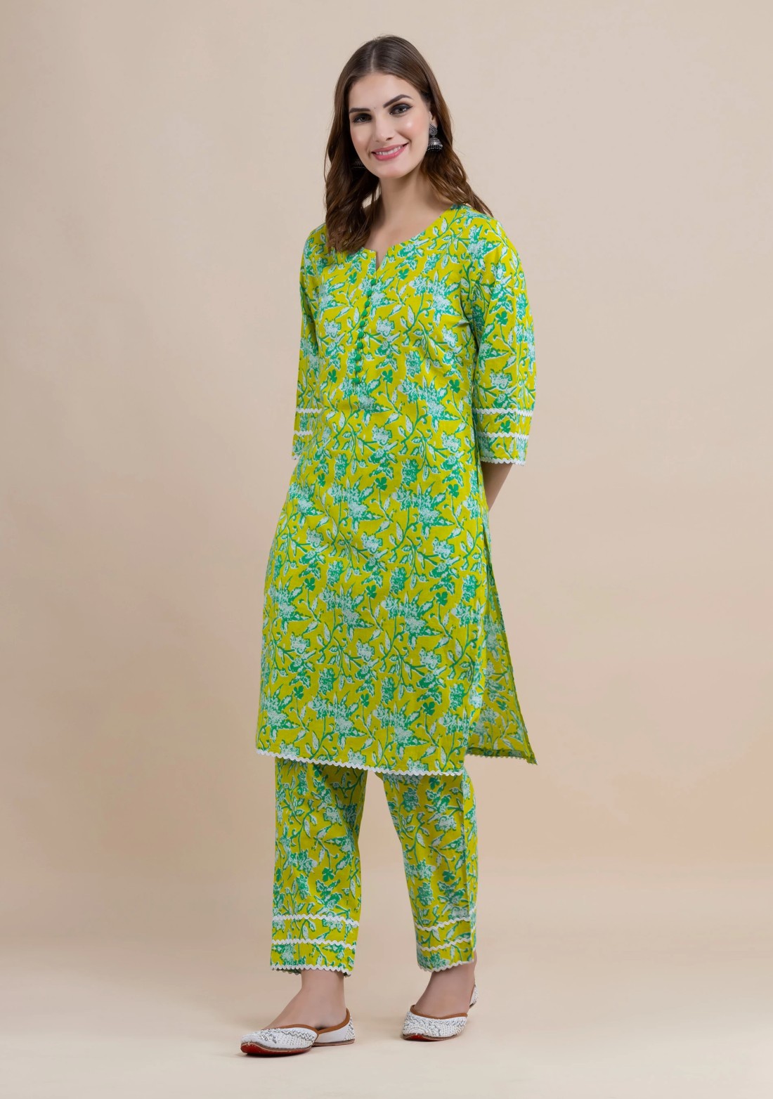 Lime Green Pure Cotton Floral Printed Kurta Pant Co-Ord Set with Dupatta