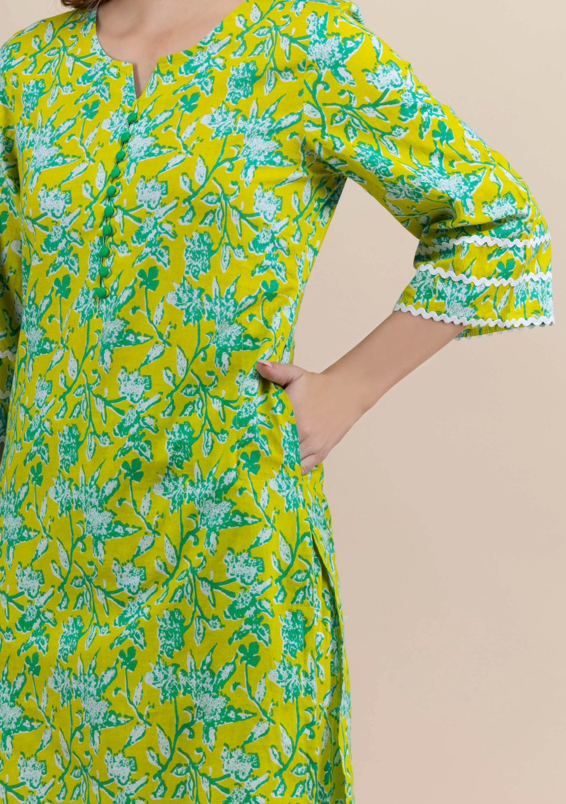 Lime Green Pure Cotton Floral Printed Kurta Pant Co-Ord Set with Dupatta