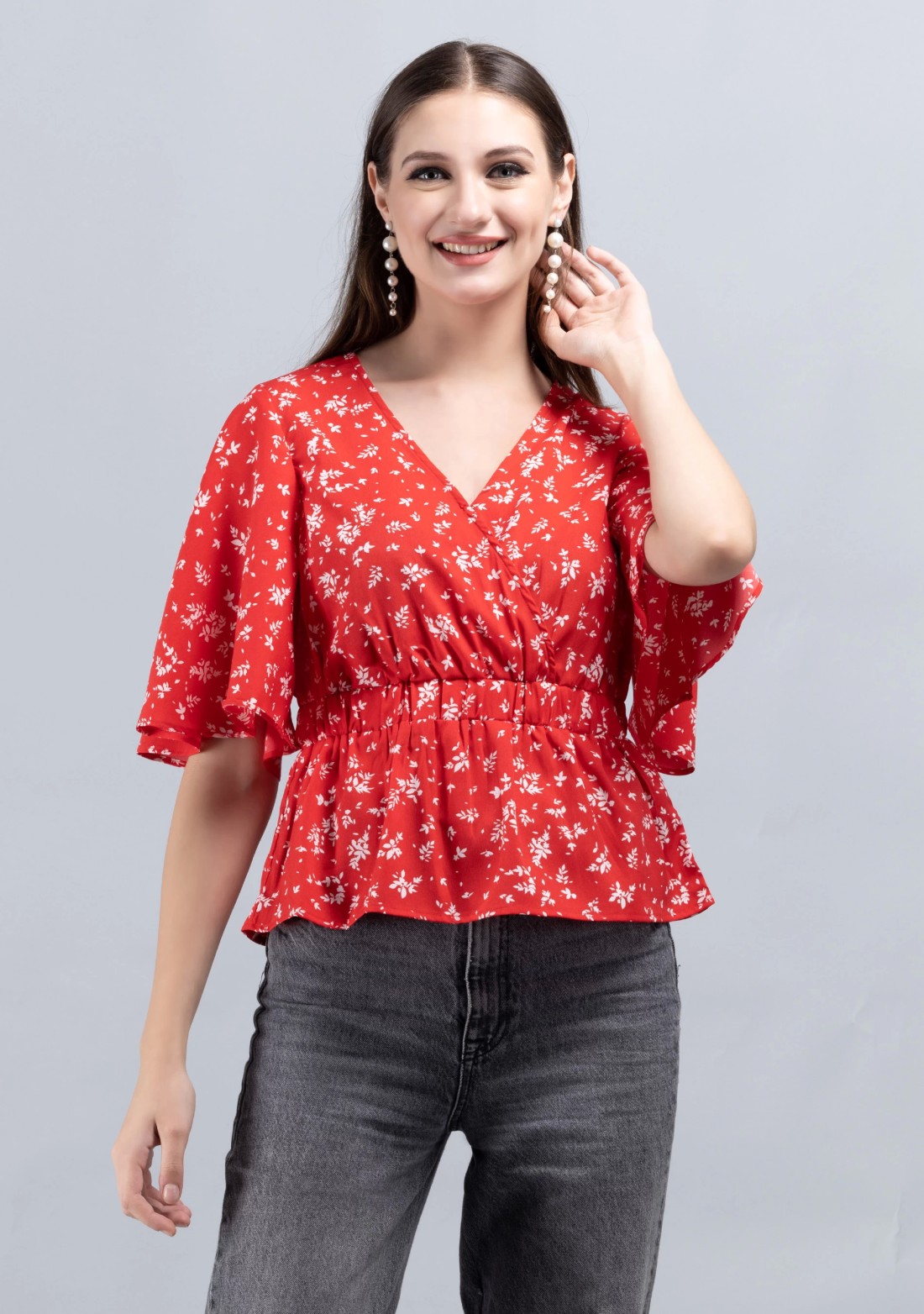 Red Ditsy Floral Print Wrap Peplum Top