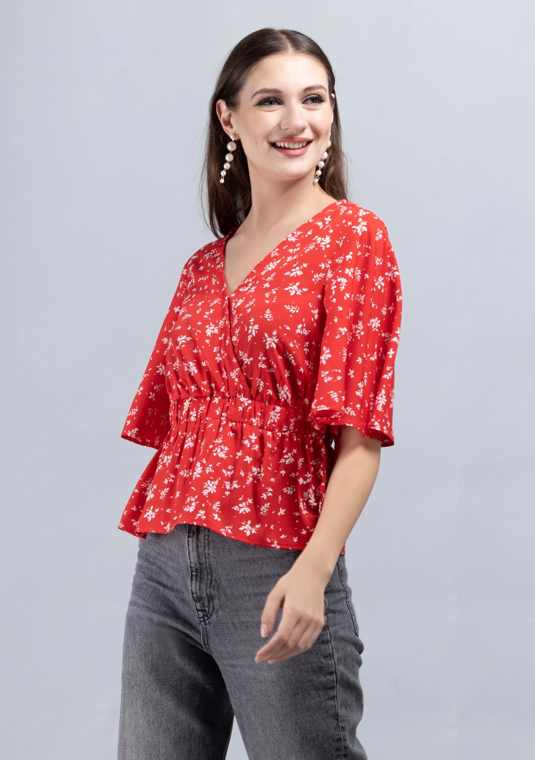 Red Ditsy Floral Print Wrap Peplum Top