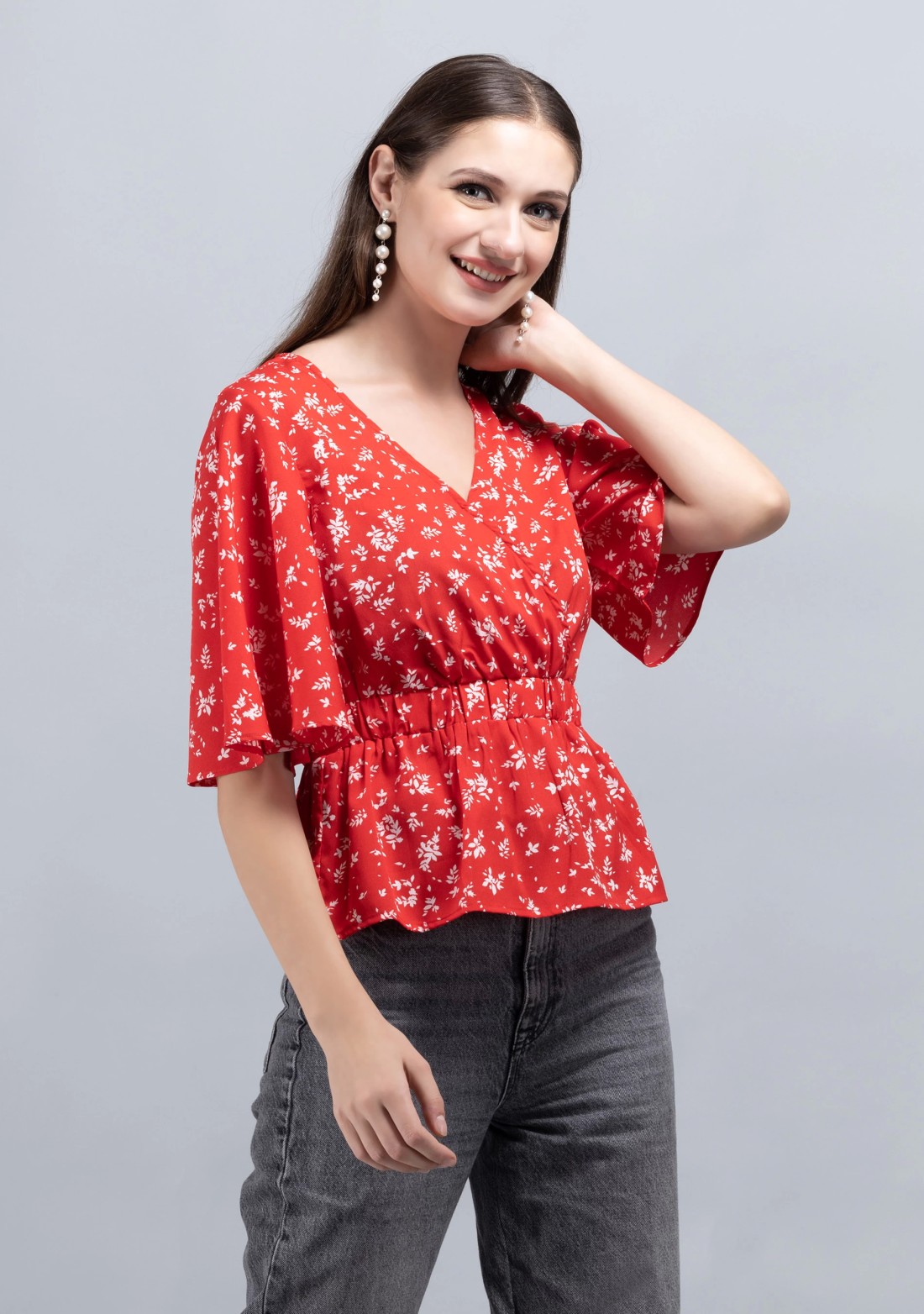 Red Ditsy Floral Print Wrap Peplum Top