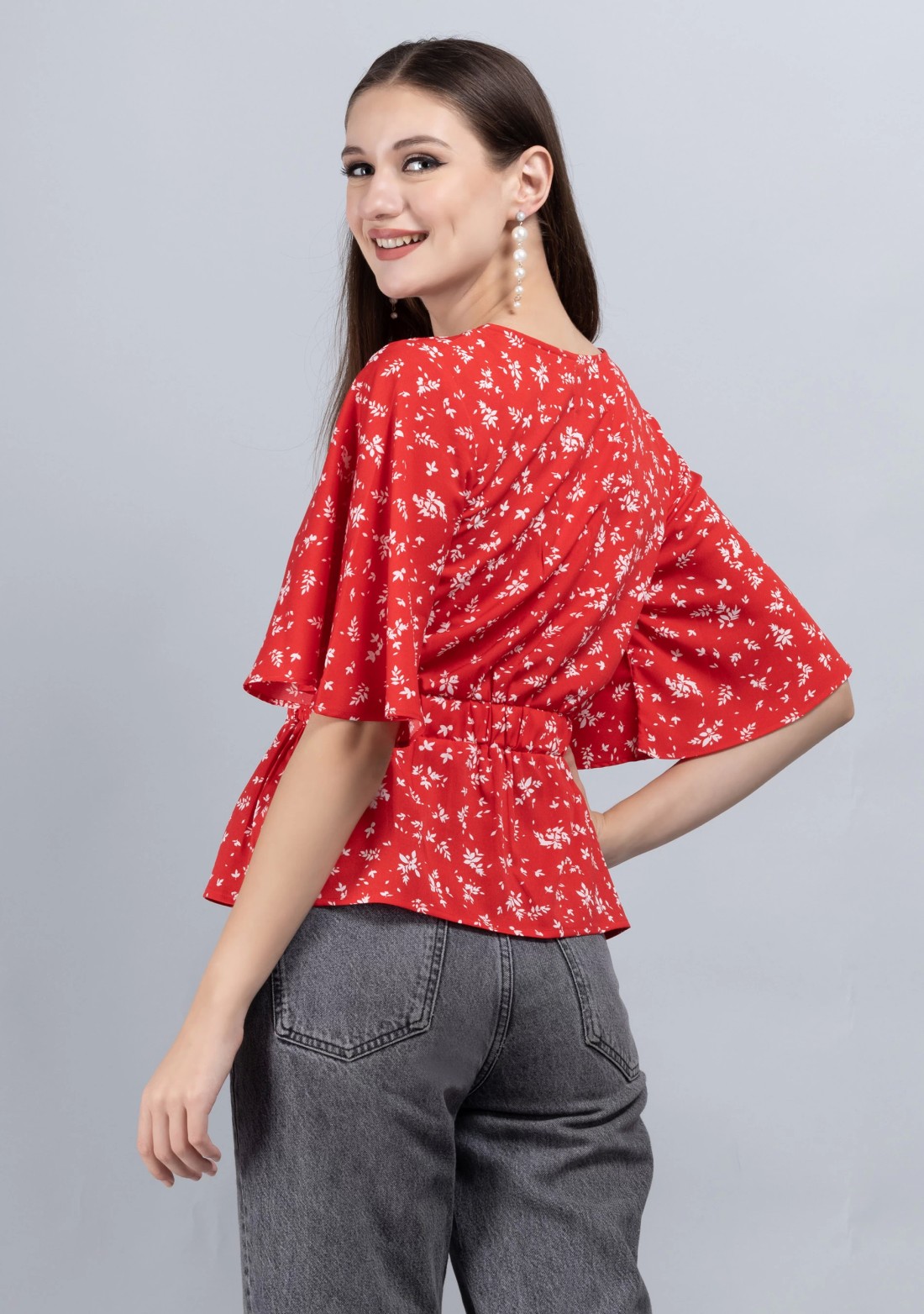 Red Ditsy Floral Print Wrap Peplum Top