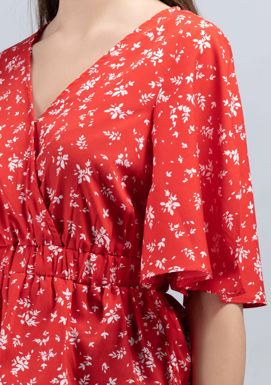 Red Ditsy Floral Print Wrap Peplum Top