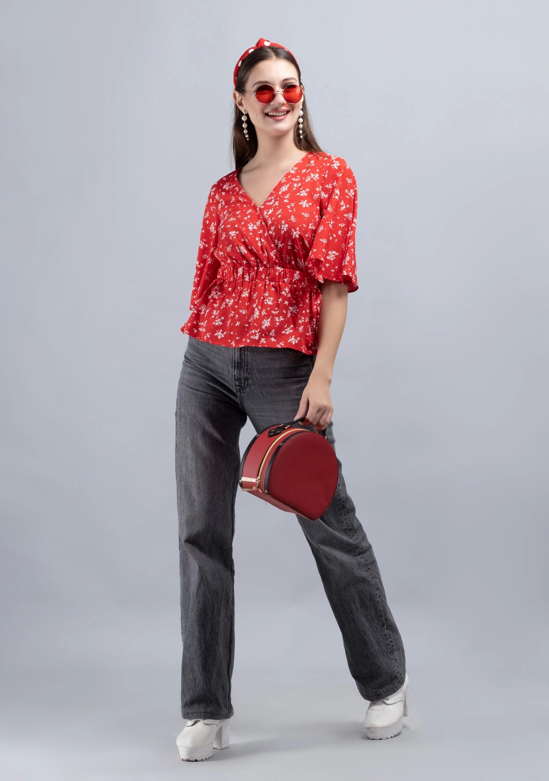 Red Ditsy Floral Print Wrap Peplum Top