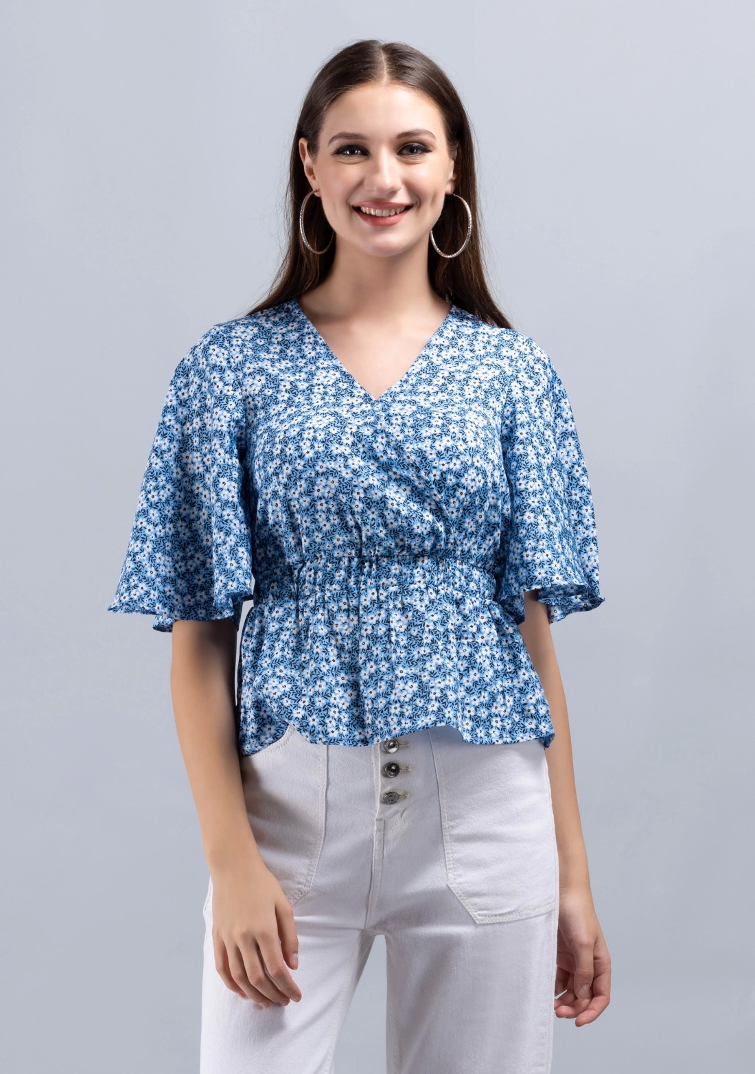 Blue Ditsy Floral Print Wrap Peplum Top