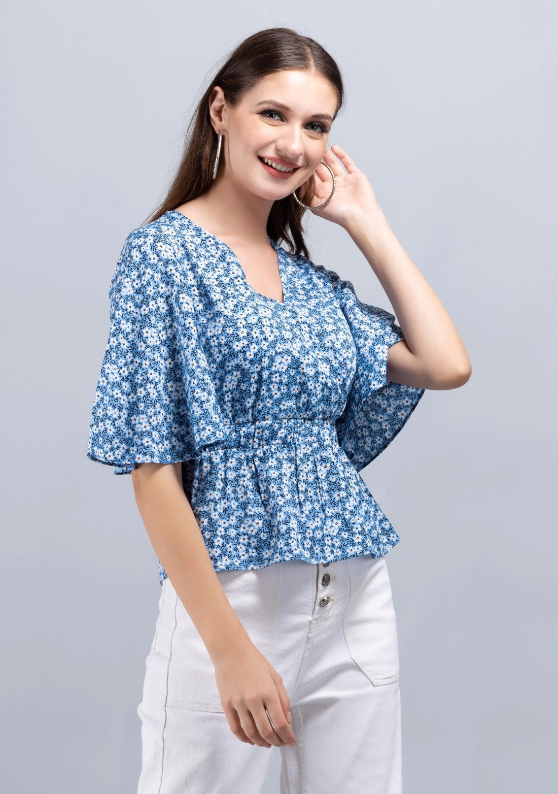 Blue Ditsy Floral Print Wrap Peplum Top