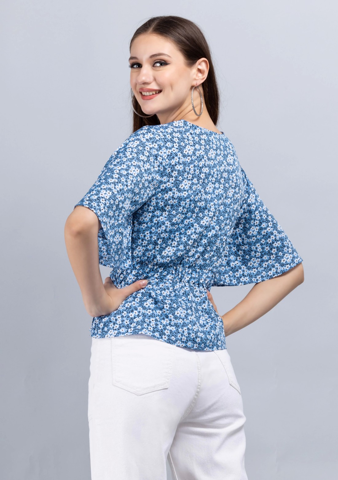 Blue Ditsy Floral Print Wrap Peplum Top