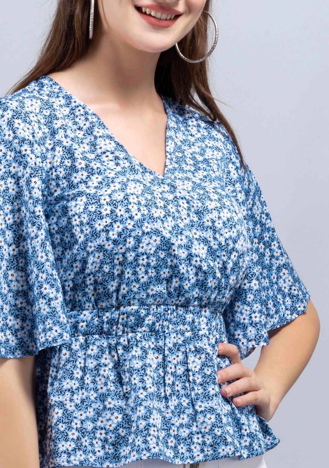 Blue Ditsy Floral Print Wrap Peplum Top