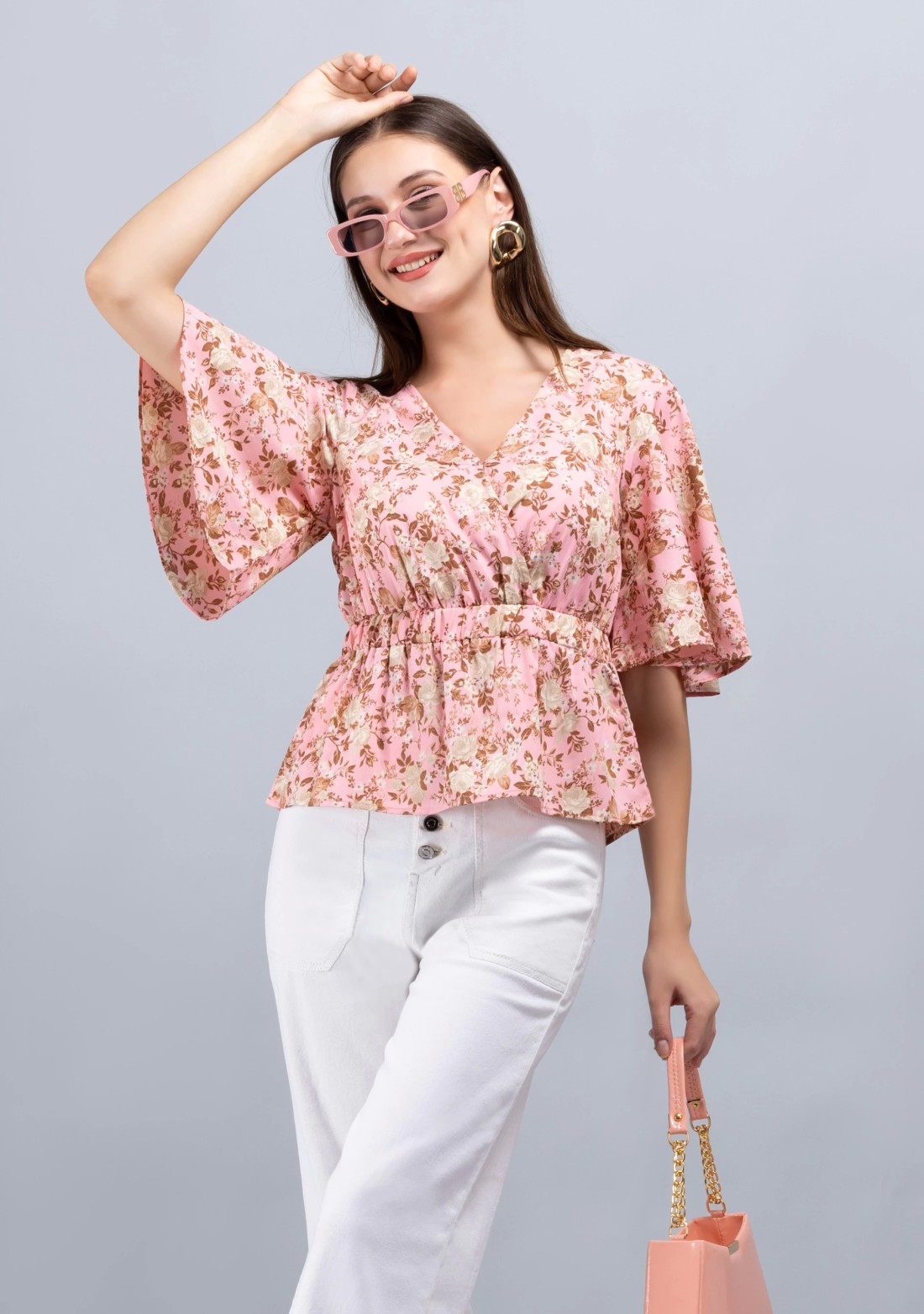 Vintage Rose Print Wrap Peplum Top