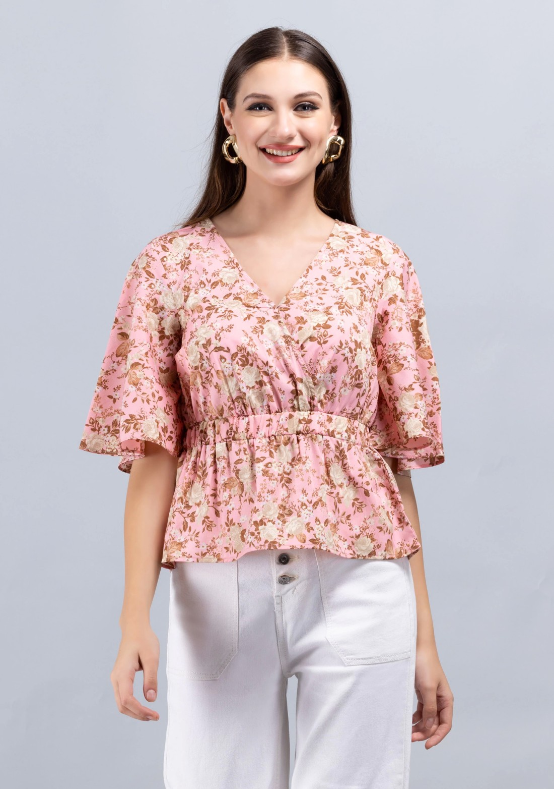 Vintage Rose Print Wrap Peplum Top