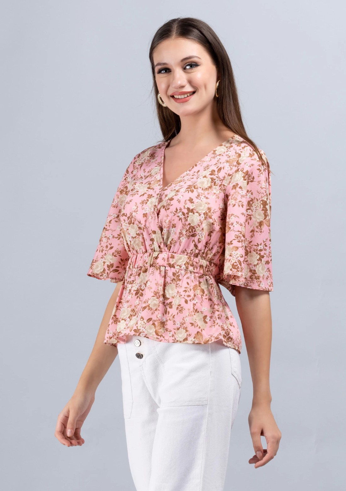 Vintage Rose Print Wrap Peplum Top