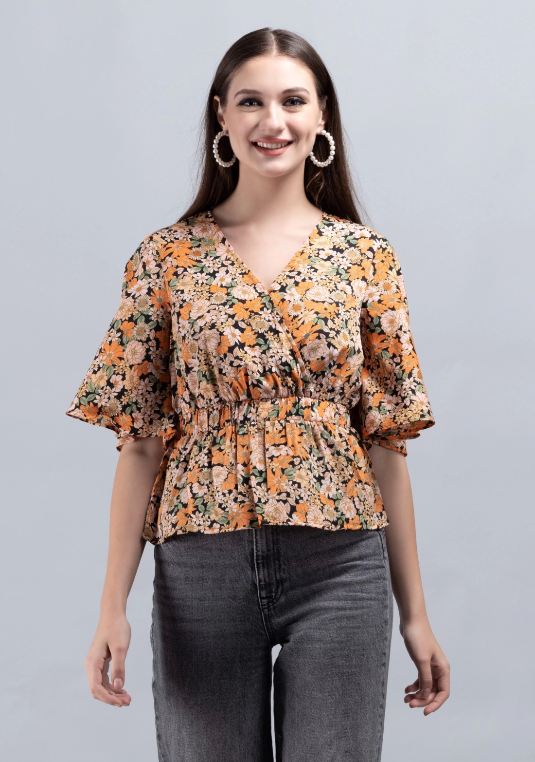 Multi Colour Floral Print Wrap Peplum Top