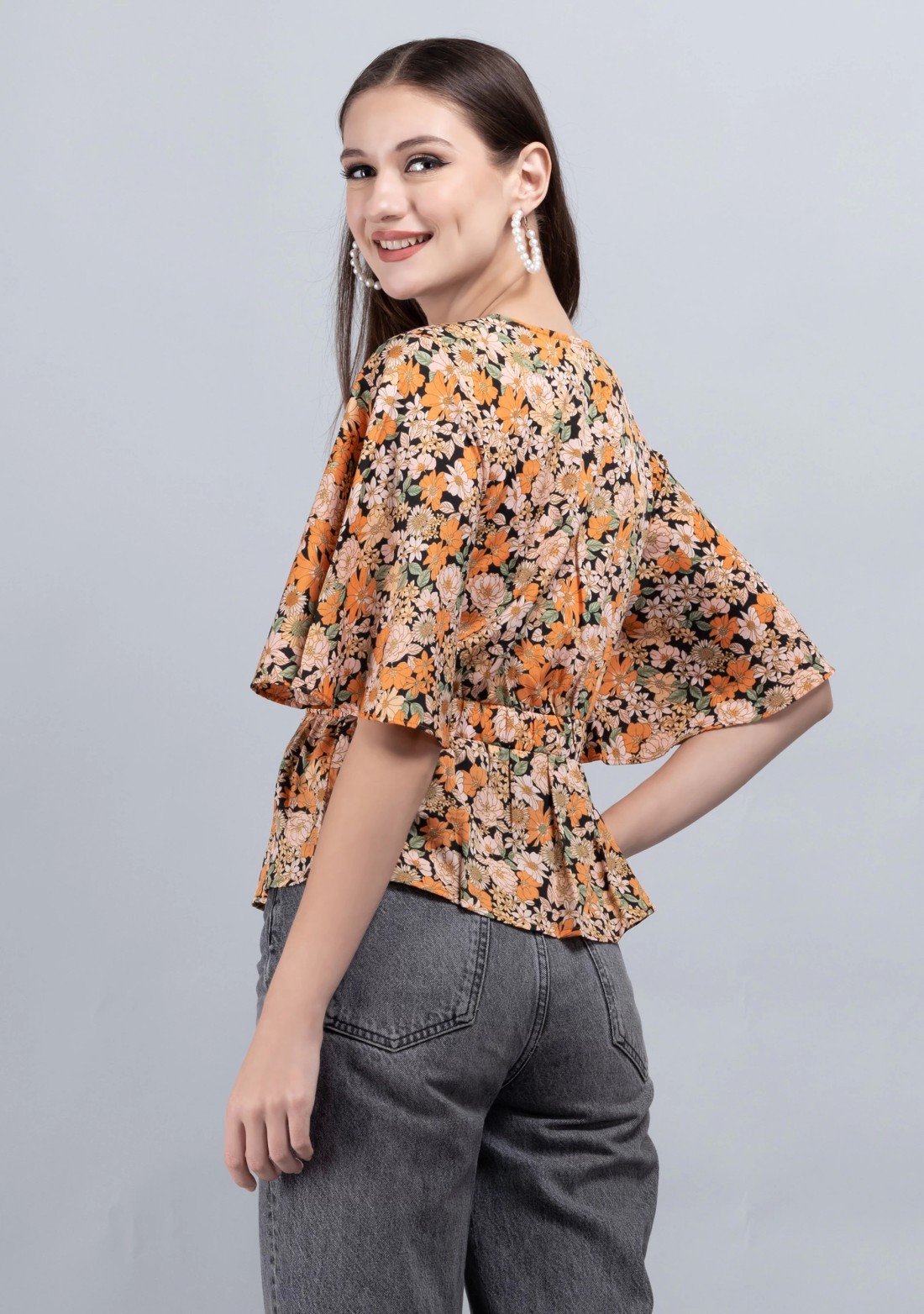 Multi Colour Floral Print Wrap Peplum Top