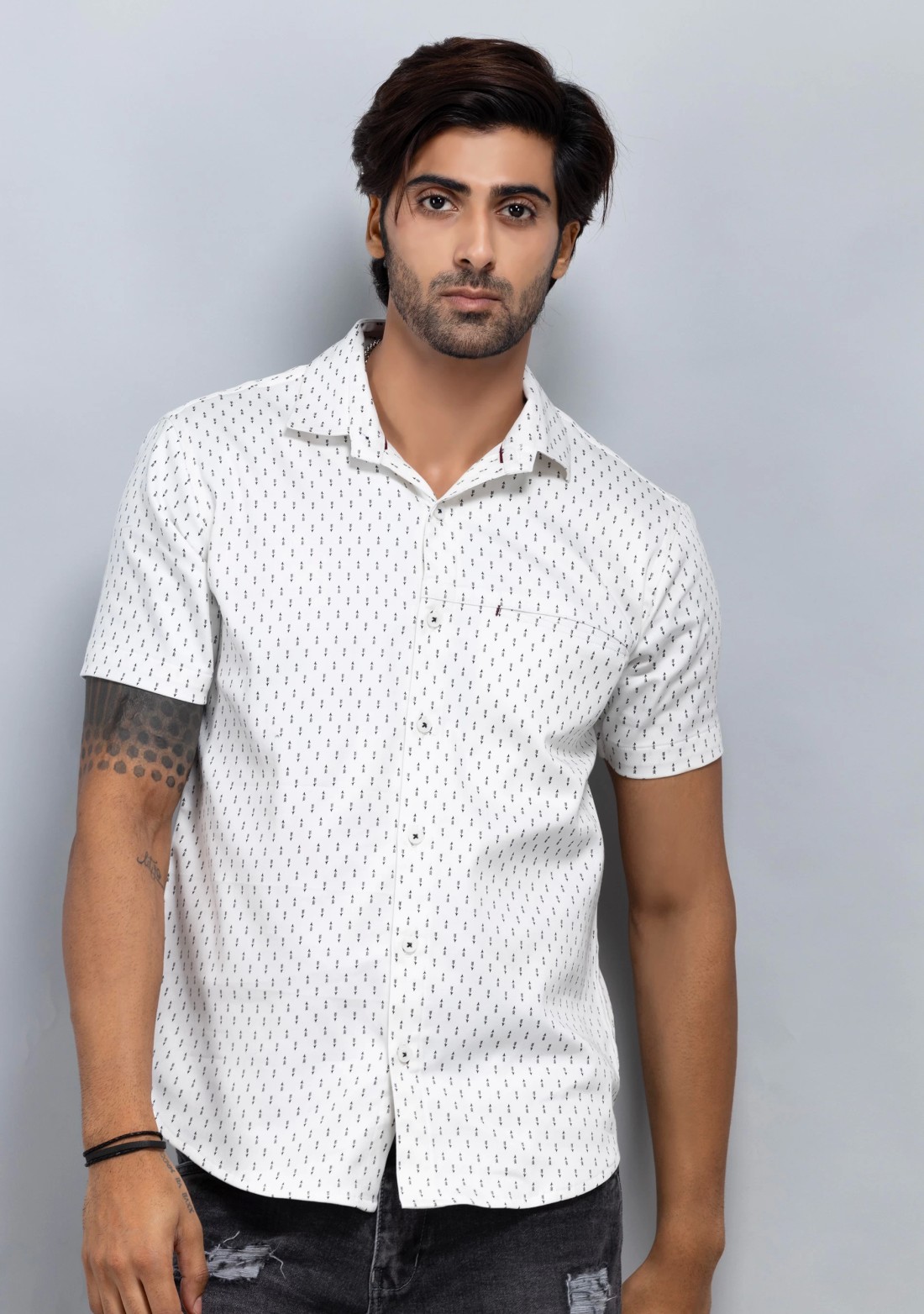 White Printed Slim fit Men's Stretch Cotton Shirt