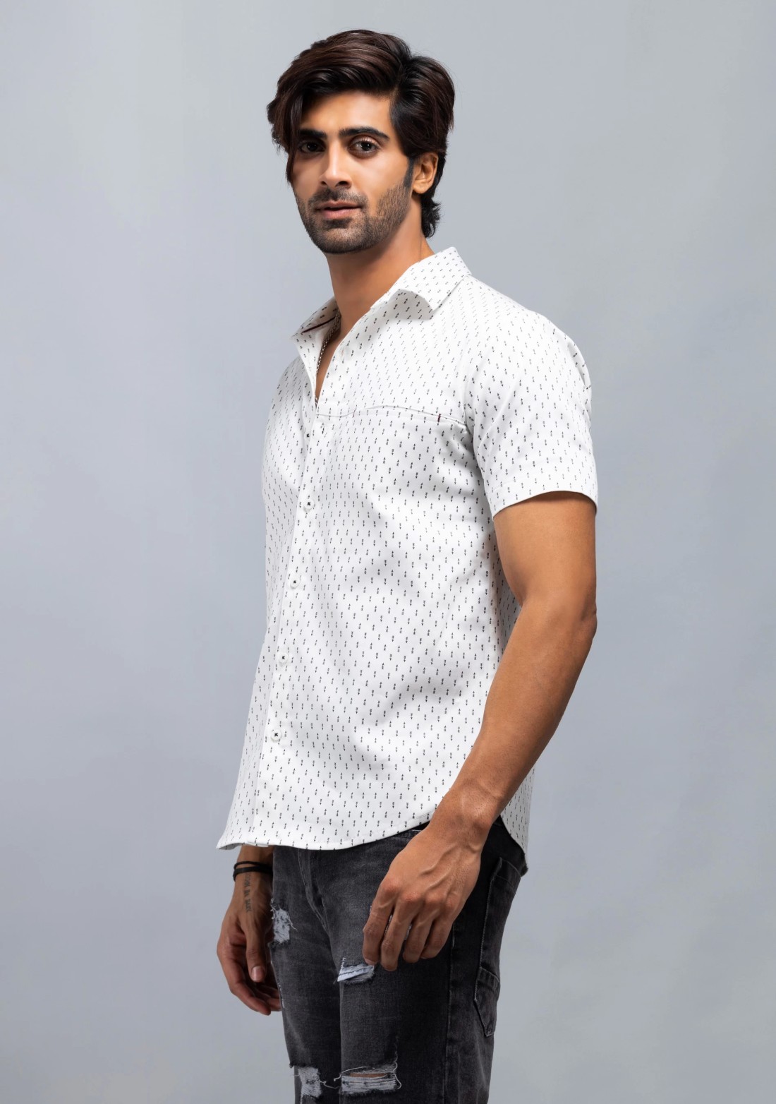 White Printed Slim fit Men's Stretch Cotton Shirt